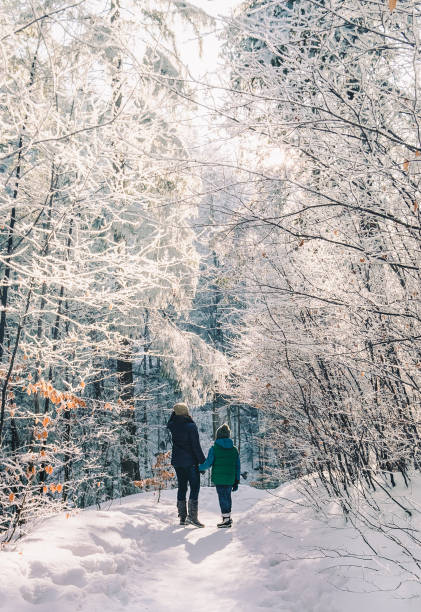 istock Mother and son walk in snow forest 872601538