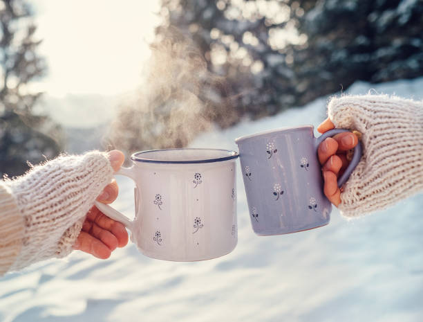 mężczyzna i kobieta ręce w dziewiarskich rękawiczkach z filiżankami gorącej herbaty na zimowej leśnej polanie - family winter walking fun zdjęcia i obrazy z banku zdjęć