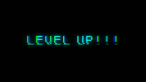 istock Level UP text with bad signal. Glitch effect 872605418