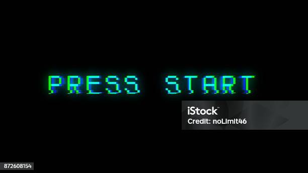 Press Start Text With Bad Signal Stock Photo - Download Image Now - Video Game, Backgrounds, Retro Style