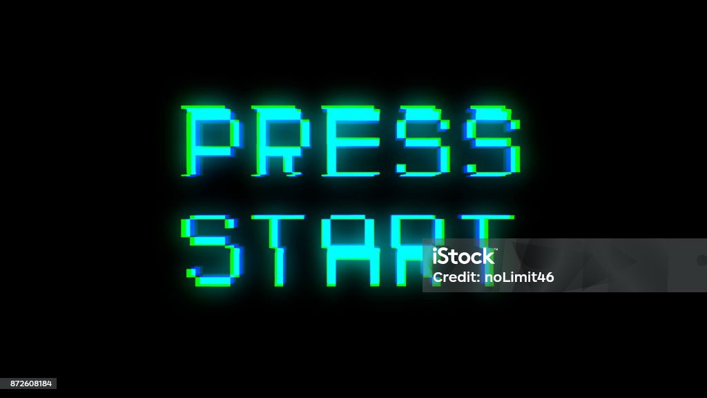 Press start text with bad signal Press start text with bad signal. Glitch effect. 3d rendering Video Game Stock Photo