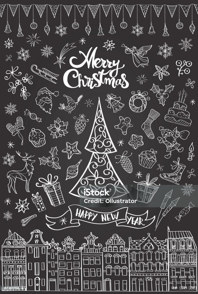Christmas card with icons and elements Vector illustration of christmas icons and elements in black and white, with lettering "merry christmas" and "happy new year". Flag garland is seamless. Christmas stock vector