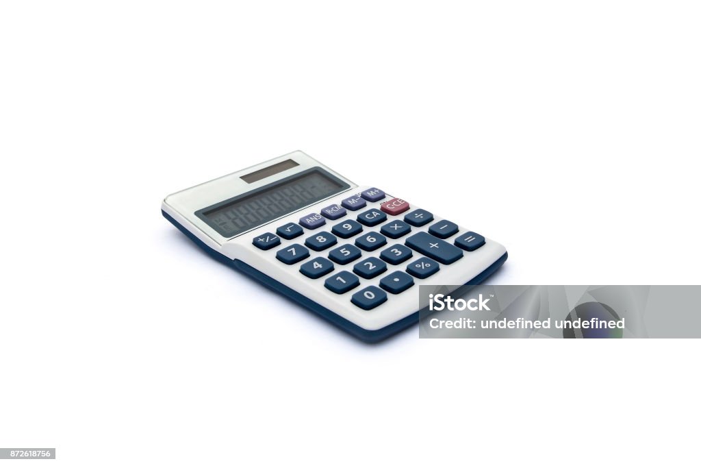 Isolated blue and white calculator for accounts, business, education etc with solar power and white background Blue and white calculator Balance Stock Photo