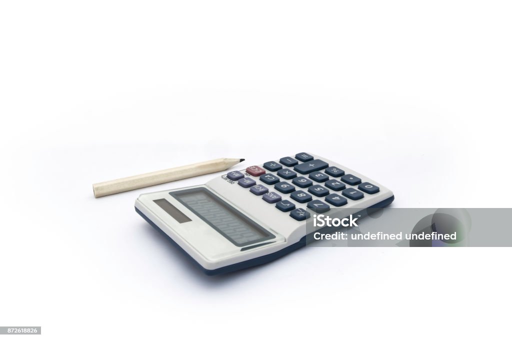 Isolated blue and white calculator with with solar power and wood color pencil for accounts, business, education etc on white background Calculator with pencil Balance Stock Photo