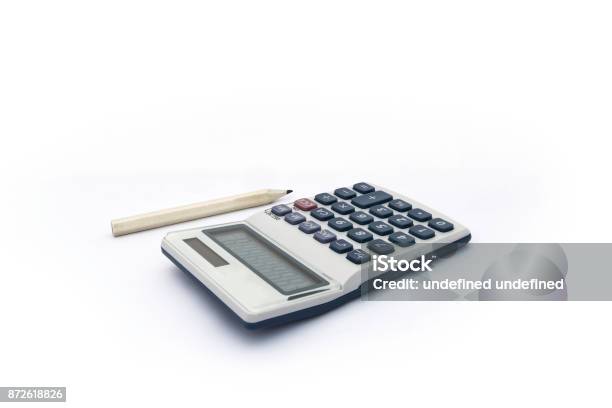 Isolated Blue And White Calculator With With Solar Power And Wood Color Pencil For Accounts Business Education Etc On White Background Stock Photo - Download Image Now