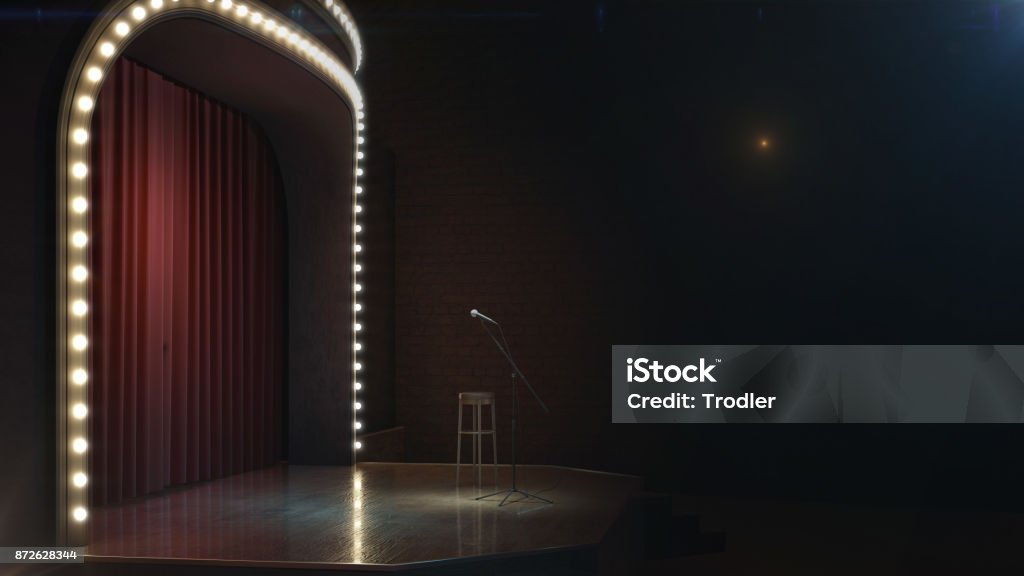 Dunkle Leere Bühne mit Mikrofon. 3D render - Lizenzfrei Komiker Stock-Foto