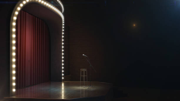 Dark empty stage with microphone. 3d render Dark empty comedy cabaret stage. 3d illustration comedian stock pictures, royalty-free photos & images