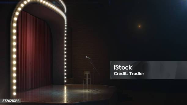 Dark Empty Stage With Microphone 3d Render Stock Photo - Download Image Now - Comedian, Stage - Performance Space, Humor