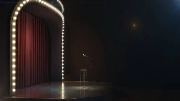 Photo of Dark empty stage with microphone. 3d render