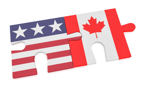 usa kanada partnerschaftskonzept: us-flagge und kanadische flagge puzzleteile, 3d-illustration isoliert auf weißem hintergrund - canada american flag canadian culture usa stock-fotos und bilder