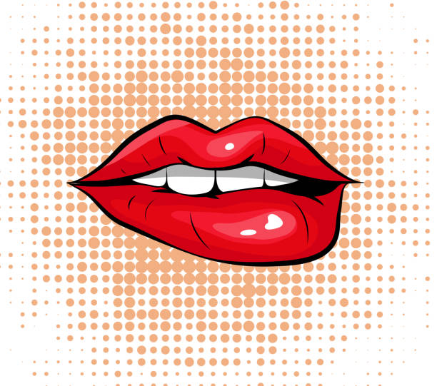 pop-art farbenfrohes design ihren roten lippen beißen - biting lip stock-grafiken, -clipart, -cartoons und -symbole