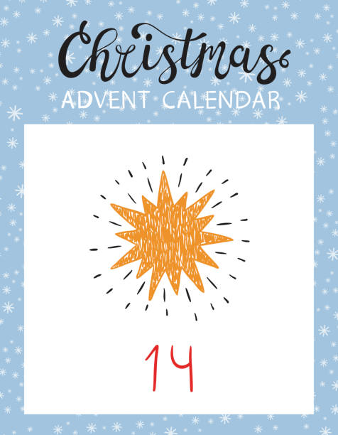 ilustraciones, imágenes clip art, dibujos animados e iconos de stock de tarjeta de navidad adviento calendario imprimible. página de calendario. estrella de navidad. día 14 de diciembre - advent calendar christmas number number 14