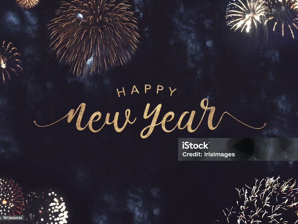 Happy New Year Text with Gold Fireworks in Night Sky Happy New Year Celebration Text with Festive Gold Fireworks Collage in Night Sky New Year's Eve Stock Photo