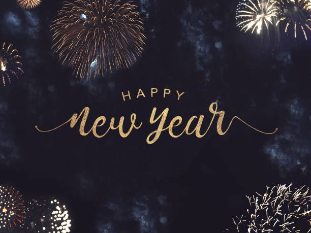 Happy New Year Text with Gold Fireworks in Night Sky Happy New Year Celebration Text with Festive Gold Fireworks Collage in Night Sky new year card stock pictures, royalty-free photos & images