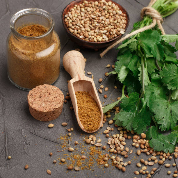 istock Bunch fresh cilantro , whole and ground coriander on the table. Spices and condiments. Selective focus. square picture 872656136