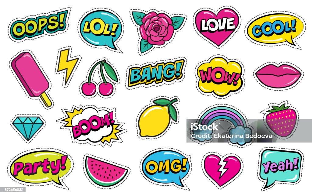 Modern cute colorful patch set on white background. Fashion patches of cherry, strawberry, watermelon, lips, rose flower, rainbow, hearts, comic bubbles etc. Cartoon 80s-90s style. Vector illustration Femininity stock vector