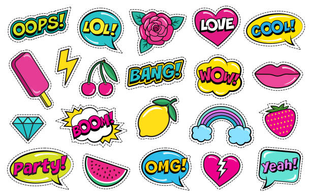 Modern cute colorful patch set on white background. Fashion patches of cherry, strawberry, watermelon, lips, rose flower, rainbow, hearts, comic bubbles etc. Cartoon 80s-90s style. Vector illustration femininity stock illustrations