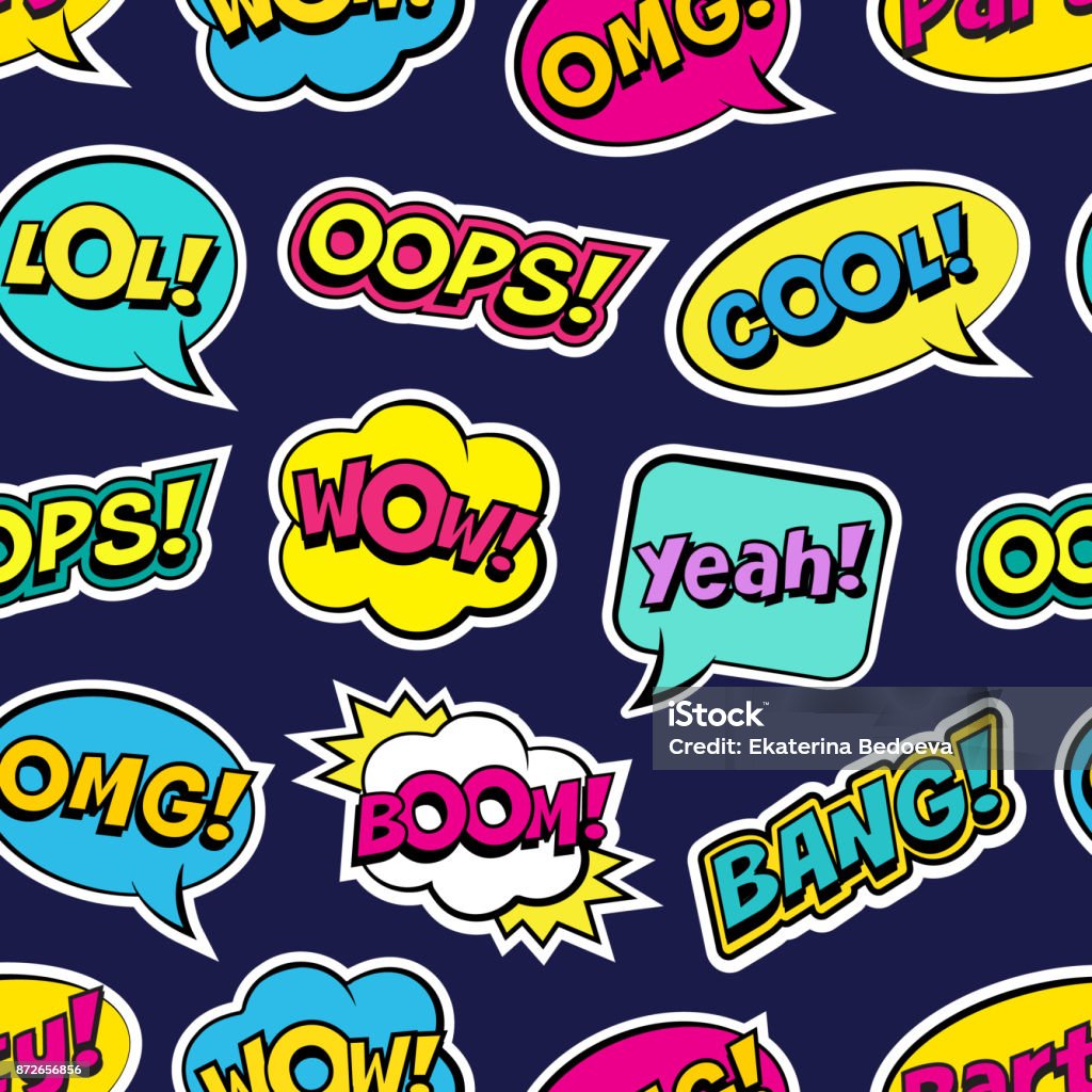 Seamless colorful pattern with comic speech bubbles patches on dark blue background. Expressions OOPS, COOL, YEAH, BOOM, WOW, OMG, BANG. Vector illustration of modern vintage stickers, pop art style Cartoon stock vector
