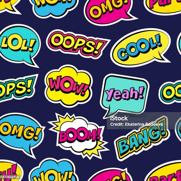 Seamless Colorful Pattern With Comic Speech Bubbles Patches On Dark Blue Background Expressions Oops Cool Yeah Boom Wow Omg Bang Stock Illustration - Download Image Now