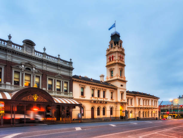 VIC Ballarat Post Office Regional historic architecture in small provincial town Ballarat, Australian state Victoria. Empty street in downtown at sunrise. historic district photos stock pictures, royalty-free photos & images