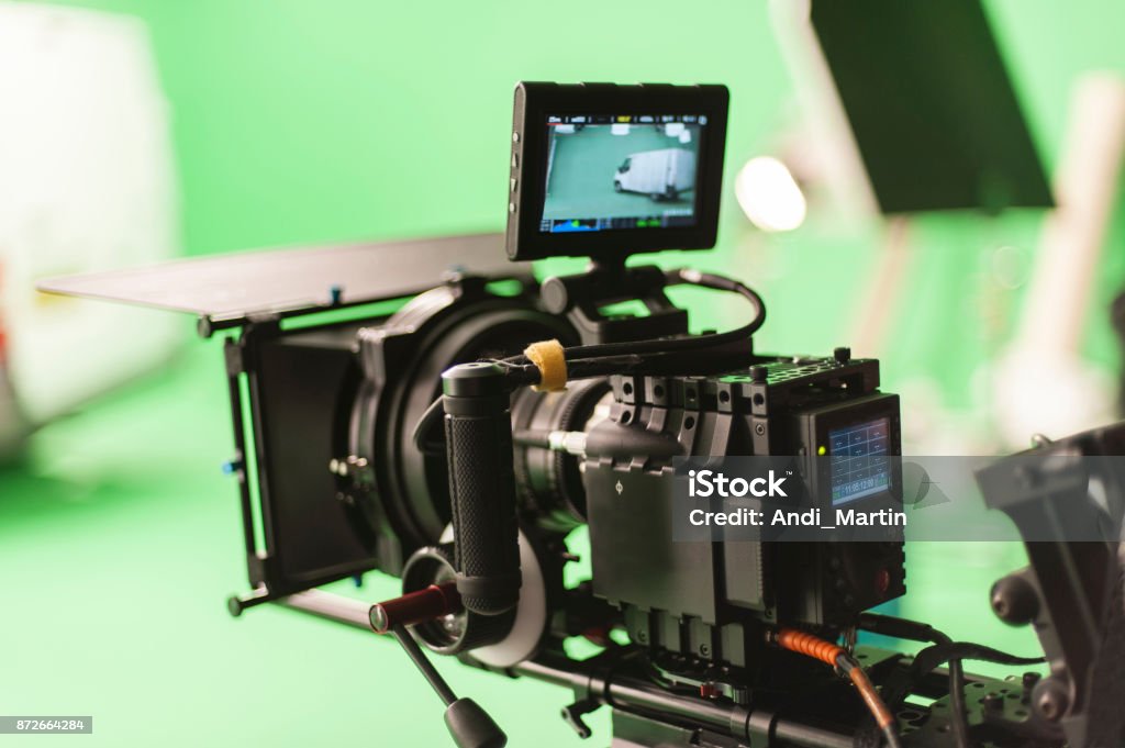 Digital Cinema Camera On set A digital cinema camera on a green screen film set. Movie Stock Photo