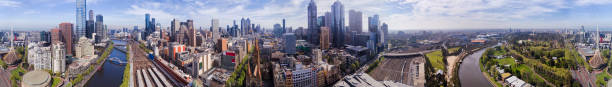 D Me CBD 360 panorama ultra wide 360 degrees panorama of Melbourne city CBD above Yarra river and surrounding high-rises and major city landmarks. south yarra stock pictures, royalty-free photos & images