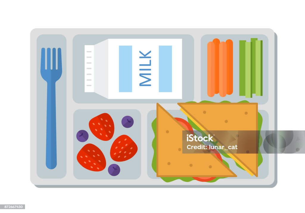 School lunch in flat style School lunch with a sandwich, fresh berries, vegetables and milk. Flat style. Vector illustration. Tray stock vector