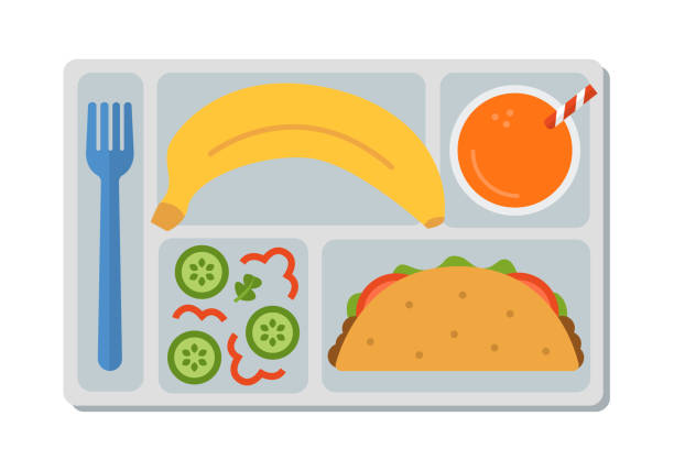 ilustraciones, imágenes clip art, dibujos animados e iconos de stock de almuerzo escolar en estilo plano - tray lunch education food