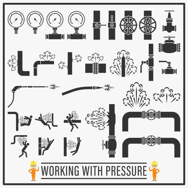 압력 벡터 아이콘 및 기호 디자인 작업, 표시의 집합 및 높은 압력 장비 및 위험 기호 - thread gauge stock illustrations