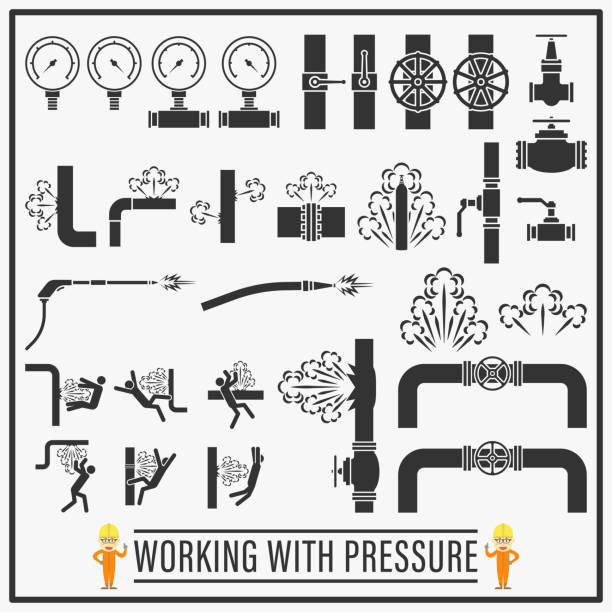 работа с иконками вектора давления и дизайном символов, набором знаков и символов оборудования высокого давления и опасностей - hose of a high pressure stock illustrations