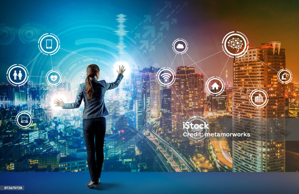 young business person and graphical user interface concept. Artificial Intelligence.  Internet of Things. Information Communication Technology. Smart City. digital transformation. Internet of Things Stock Photo