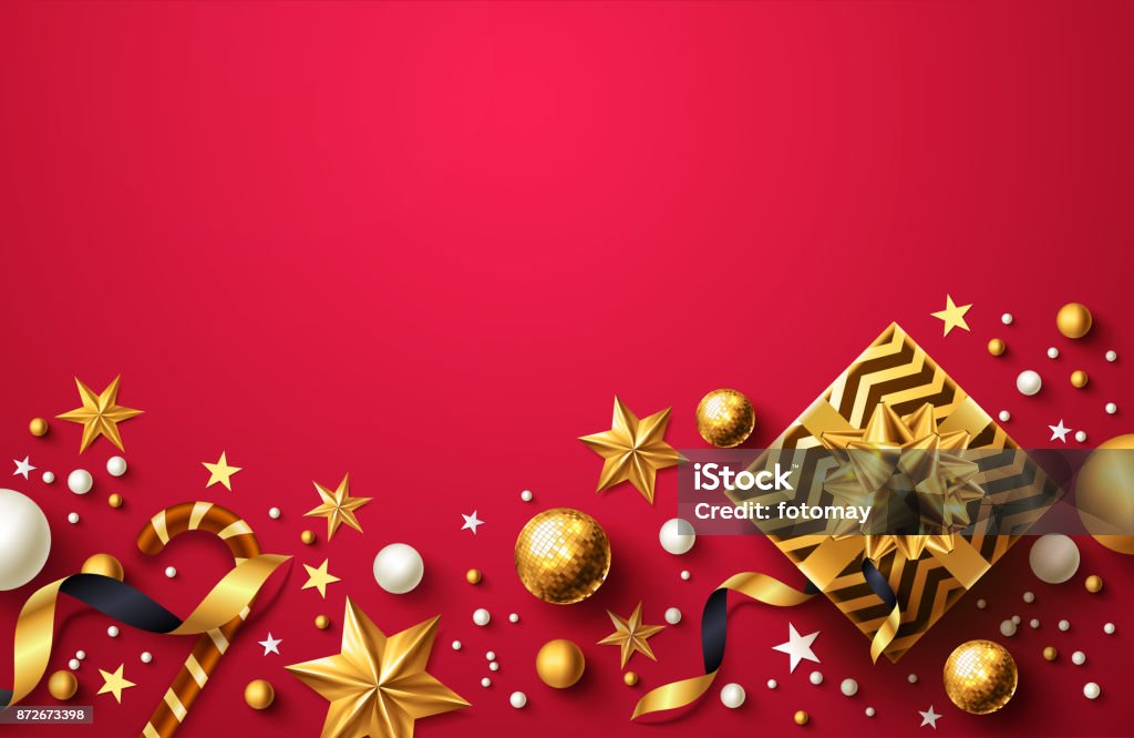 Weihnachten und neue Jahre roten Hintergrund mit goldenen Geschenk-Box, Band und Weihnachten Deko-Elemente für Einzelhandel, Shopping oder Weihnachts-Promotion in goldenen und roten Stil - Lizenzfrei Weihnachten Vektorgrafik