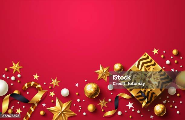 Ilustración de Fondo De Navidad Y Nuevo Años Rojo Con Regalo Oro Caja Cinta Y Navidad Elementos Decoración Para La Venta Por Menor Comercial O Promoción De Navidad En Dorado Y Rojo Estilo y más Vectores Libres de Derechos de Navidad