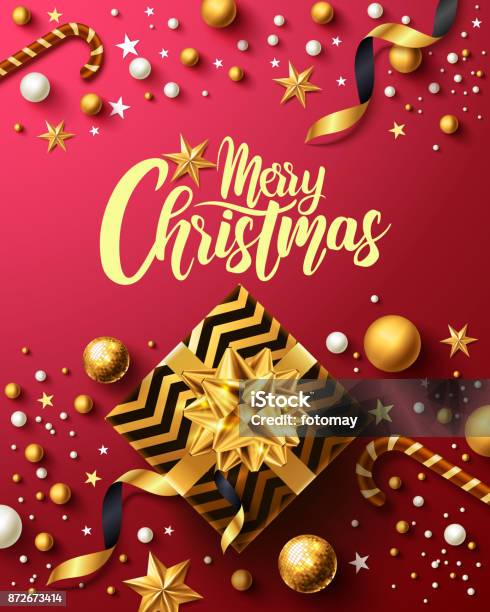 Christmas And New Years Red Poster With Golden Gift Boxribbon And Christmas Decoration Elements For Retailshopping Or Christmas Promotion In Golden And Red Stylevector Illustration Stock Illustration - Download Image Now