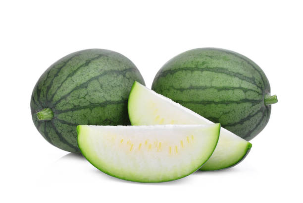 istock two whole young small watermelon with slice isolated on white background 872676498