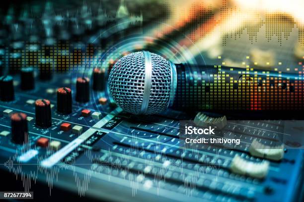 Microphone Over The Abstract Blurred On Sound Mixer Out Of Focus Background Stock Photo - Download Image Now