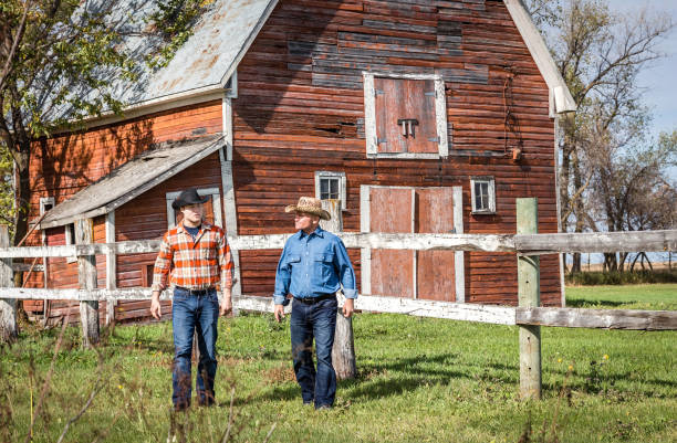 istock two cowboy farmers walking and talking. 872679750