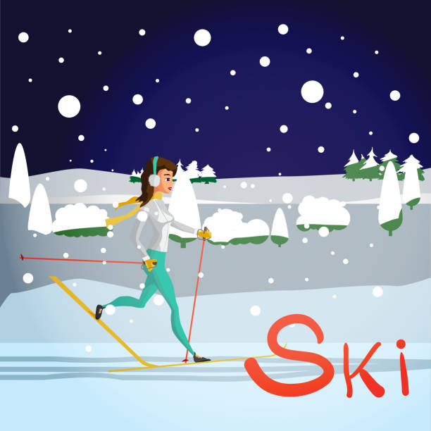 bildbanksillustrationer, clip art samt tecknat material och ikoner med vinter kort bakgrund. pist spår, ung kvinna kör - cross country skiing