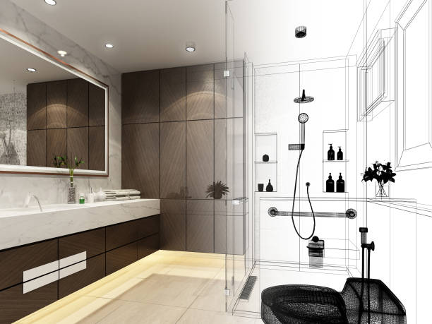 istock abstract sketch design of interior bathroom ,3d rendering 872680298
