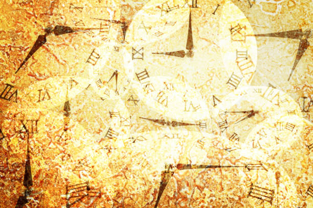 istock Closeup surface abstract pattern by many clock on retro yellow marble floor textured background 872684140