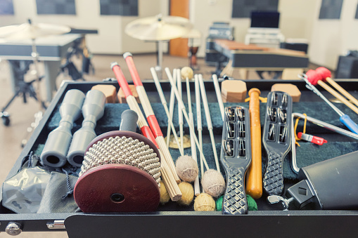 Still life photo of hand held percussion instruments in music studio