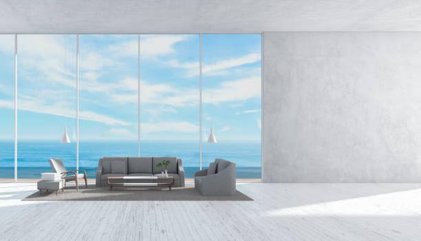 istock Modern interior living room wood floor sofa set sea view summer 3d rendering 872700152