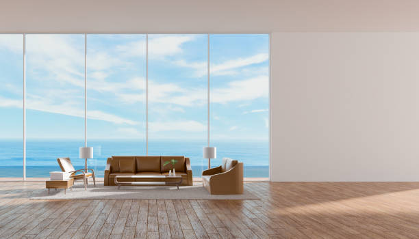 istock Modern interior living room wood floor sofa set sea view summer 3d rendering 872700186