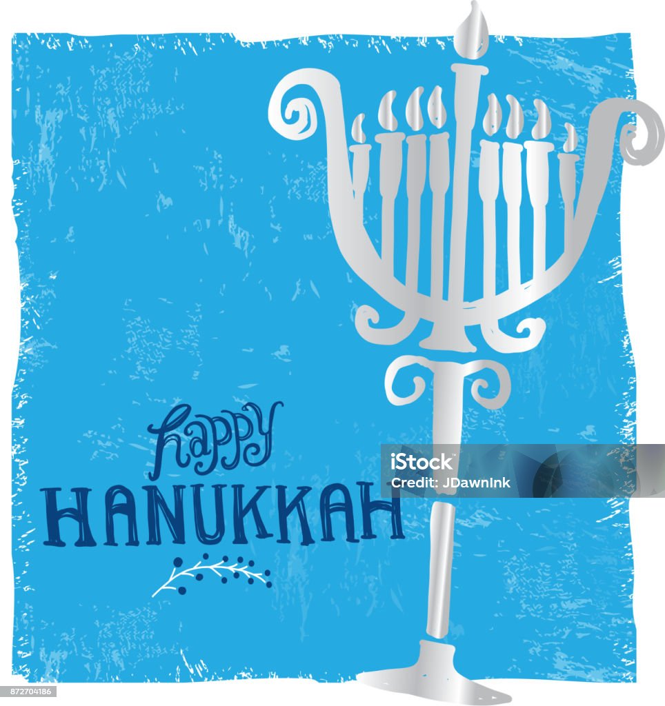 Happy Hanukkah greeting card design template Happy Hanukkah greeting card design template. Hand lettered greeting with menora. Blue stock vector