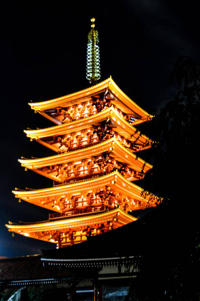 Tokyo, Japan - 10/02/2016: Sensouji temple in Asakusa, lit up at night with the Skytree in the distance