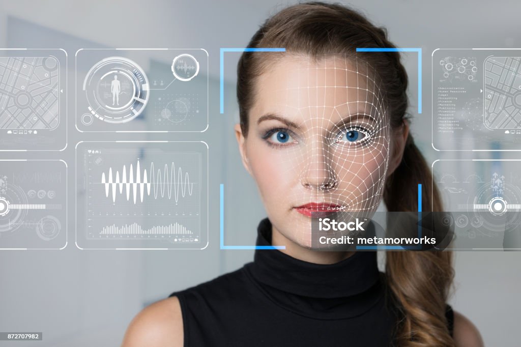 Facial Recognition System concept. Human Face Stock Photo