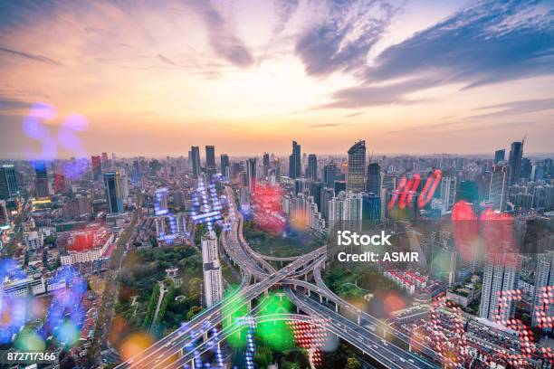 Display Stock Numbers And Shanghai Skyline Background Stock Photo - Download Image Now