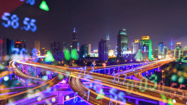 Display stock numbers and shanghai skyline background