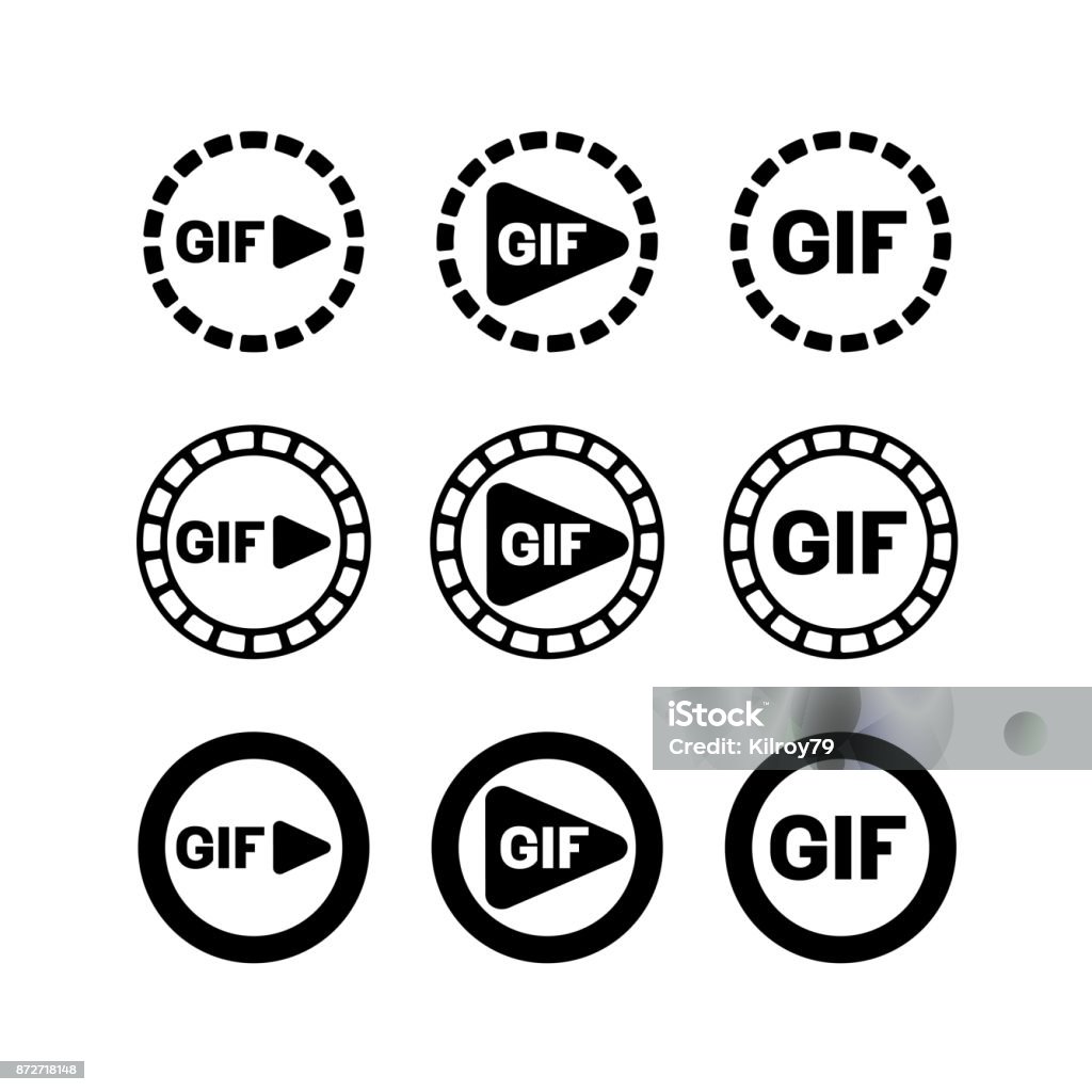 GIF animation play icon. Film with frames around. Play button sy GIF animation play icon. Film with frames around. Play button symbol. Gif - File Format stock vector