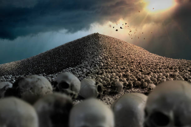 Skull Mountain Mountain of human skulls with crows flying over hell stock pictures, royalty-free photos & images